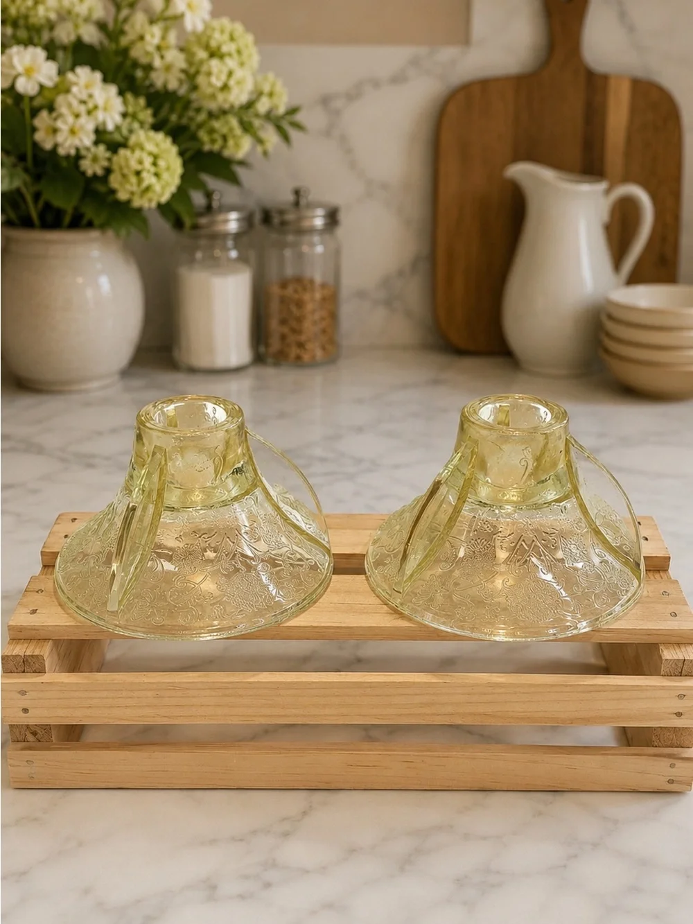 Pair (2) Hazel Atlas Candlestick Holders Yellow “Poppy” Depression Glass | EUC